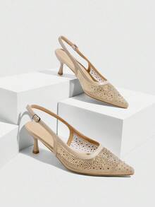 CUCCOO SZL Pointed Toe Stiletto Heels Nude Mesh Rhinestone Embellished Sexy Party Pumps With Ankle Strap - Apricot - View 2