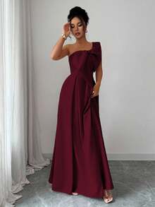 Elenzga 不对称大蝴蝶结腰A字优雅浪漫女装 - 酒紅色 - 查看 6