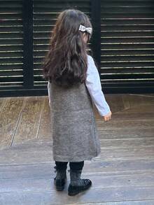 DAZY Gaun Sweater Midi Berlapis Gaya Korea Warna Polos Leher V untuk Balita Perempuan, Musim Gugur/Dingin - Grey - View 2