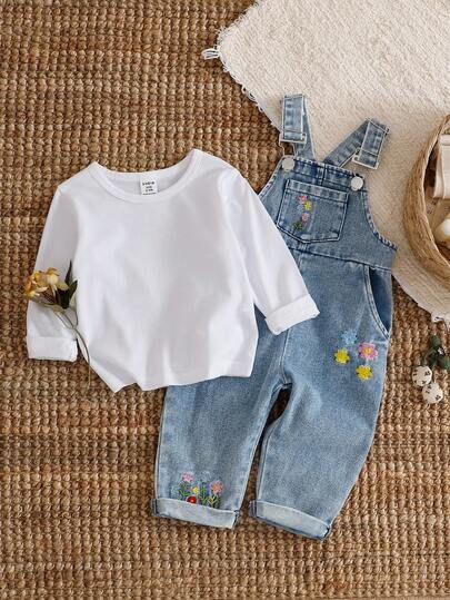 SHEIN Vintaside Kids 2 piezas Conjunto casual y versátil de niña bebé para primavera/otoño 2025: Camiseta de manga larga blanca + Pantalón peto vaquero