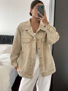 Livesso 女式宽松翻领大口袋牛仔夹克，秋季 - 卡其色 - 查看 3
