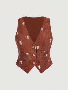 SHEIN MOD Plus Size Women's Embroidered Khaki Cropped Tank Top, Black Knit Pants Vest And Pants Set Wide Leg Pants Woman 70s Women Outfit, Embroidered Tops, Vintage Corduroy, Autumn And Winter Suits, Matching Suits Two Pieces Outfit Set Wide Leg Pants Outfit Brown Vest Outfit 70s Outfit Women Outfit Set Brown Outfit Women