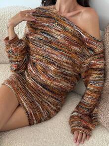 Aloruh 女士秋冬不对称肩长袖高腰修身复古条纹迷你连衣裙，上衣宽松，下装紧身，尽显身材 - 棕色 - 查看 8