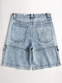 Manfinity Hypemode Pantaloni scurți din denim pentru bărbați, simpli, cu buzunare, croială lejeră, casual, pantaloni scurți cargo din denim pentru bărbați, pantaloni scurți Carpenter, spălare deschisă - Spălare ușoară - Vizualizare 2
