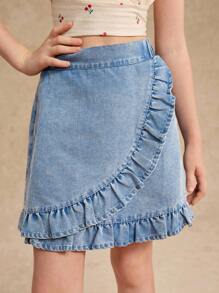 2025 春夏新品，独特的交叉设计，搭配优雅的荷叶边下摆裙子，适合青少年女孩，时尚、百搭、甜美，适合日常活动、郊游和社交聚会 - 藍色 - 查看 4