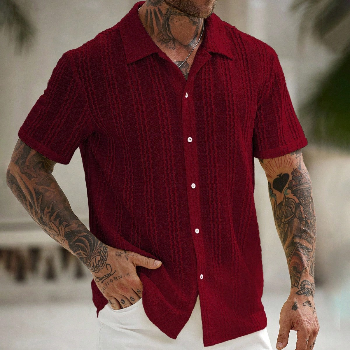 Camisa de manga corta casual de hombre de verano con tejido de punto texturizado y jacquard, para vacaciones