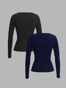 SHEIN EZwear 2 Áo len cardigan tay dài màu đen và xanh navy dành cho nữ, phù hợp cho mùa thu/đông - Nhiều màu - Xem 2