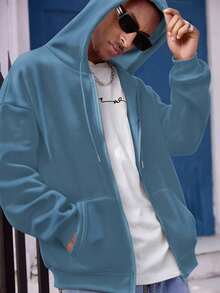 Manfinity Dauomo Sweatshirt Hoodie Lengan Panjang Pria Warna Polos Kasual Serbaguna untuk Sehari-hari, Musim Gugur - Teal Blue - View 6