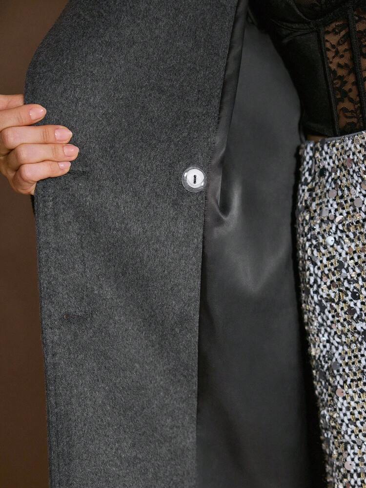 SOLID COLOR OVERSIZED COLLAR COCOON MID-LENGTH WOOL BLEND OVERCOAT