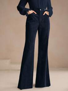 Anewsta 女士海军蓝灯芯绒喇叭裤，铆钉口袋设计，优雅商务休闲风，适合春秋季穿着 - 藏蓝色 - 查看 2