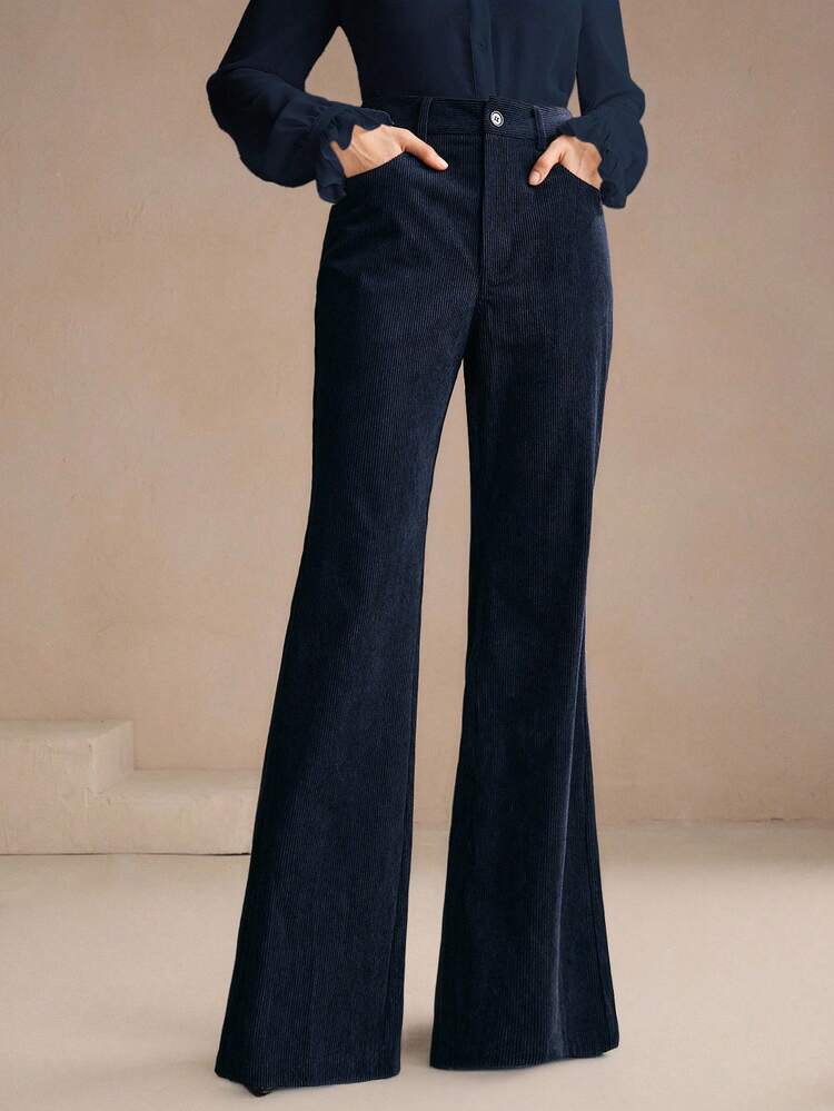 Women's Navy Corduroy Flared Pants With Rivet Pockets, Elegant Business Casual Trousers For Spring And Autumn