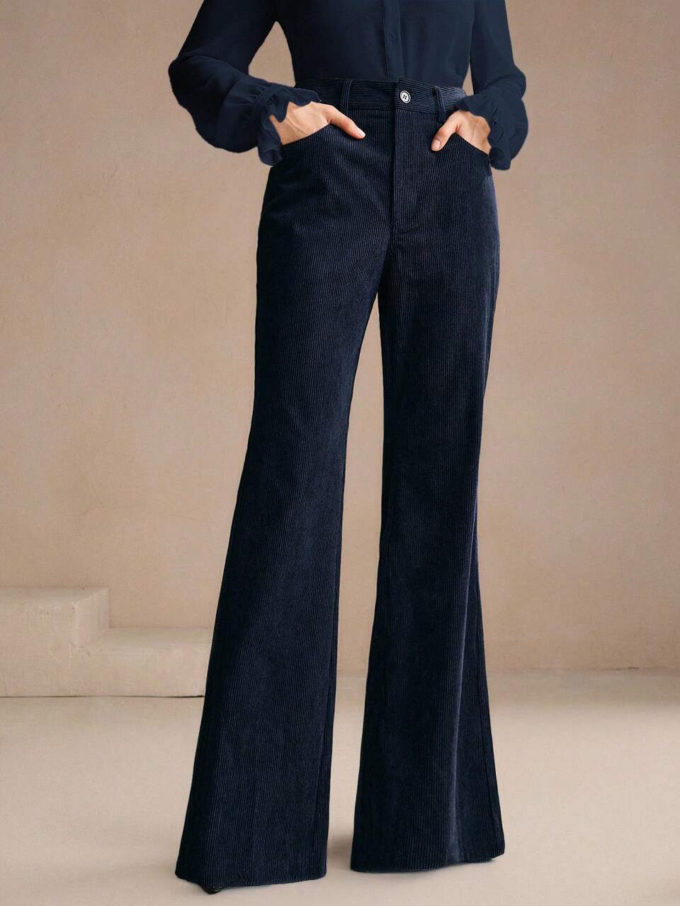 Women's Navy Corduroy Flared Pants With Rivet Pockets, Elegant Business Casual Trousers For Spring And Autumn