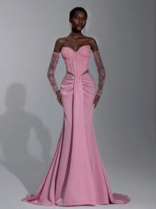 Elitara 优雅莲花粉色蕾丝拼接缎面紧身胸衣，搭配透明鱼骨胶条，飘逸下摆，适合度假、约会、生日派对、婚礼、毕业典礼、正式晚会 - 藕粉色 - 查看 5