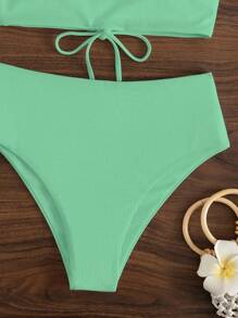 Swim Basics Summer Beach Women's Bikini Set With Solid Color, Back Strappy Details - Mint Green - View 4