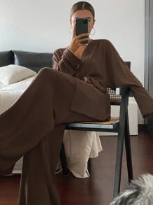 Livesso 女士秋季束腰长款上衣和休闲长裤两件套 - 咖啡棕 - 查看 7