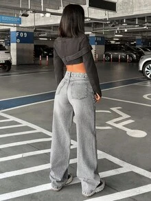 EURMUSE Damen Lässig Gewaschen Taillengerade Straight-Leg Jeans - Grau - Übersicht 2