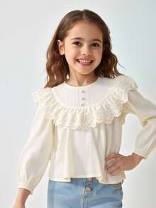 Maija Kids Maija Kids Young Girl Round Neck Ruffle Trim Long Sleeve Blouse Fall Winter - Apricot - View 3