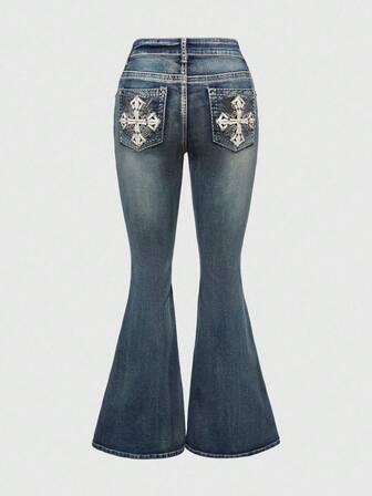 Jeans a zampa con ricamo della bandiera americana in stile retrò Y2K per donna