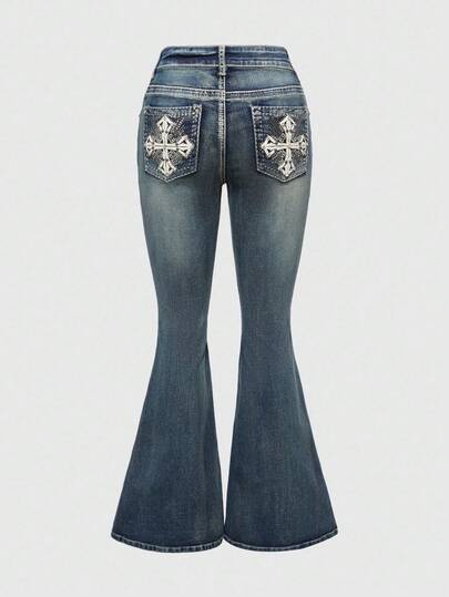 Jeans a zampa con ricamo della bandiera americana in stile retrò Y2K per donna