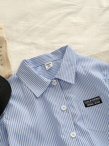 Genkimix Kids 女童长袖蓝白条纹字母印花宽松休闲衬衫，适合所有季节 - 藍色 - 查看 5