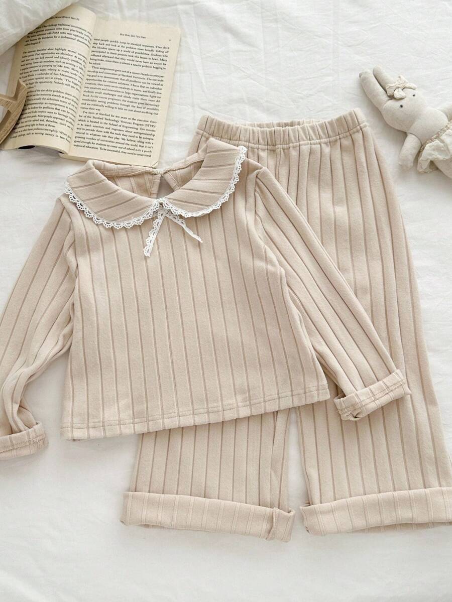 Genkimix Kids Mädchen Kleinkind Set mit Peter-Pan-Kragen, Spitzenbesatz, Langarm-Oberteil und weiter Hose