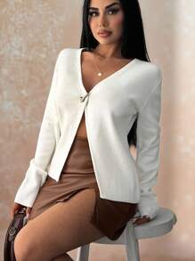 EURMUSE WOMEN ELEGANT WHITE KNIT CARDIGAN – GOLD BUTTON DETAIl - White - View 1