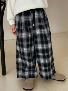 DAZY 男童休闲宽松直筒格子裤，日系秋季款 - 黑色 - 查看 5