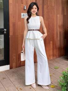 DAZY 2 piezas Mujer Cuello redondo Parte superior sin mangas con volante en el dobladillo, chaleco largo de unicolor para el verano