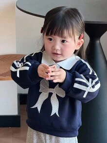 DAZY Baby Girl Contrast Color Collar Korean Style Bow Long Sleeve Sweatshirt Fall, Winter Toddler Girls Clothes - Navy Blue - View 5