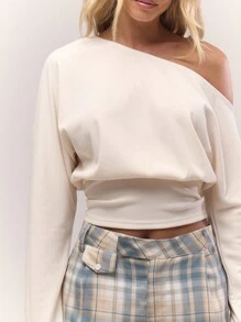 MUSERA 不对称领口收腰长袖上衣，复古乡村风，可爱舒适，休闲居家风，女士奶油糖色优雅情人节春夏假日必备 - 杏色 - 查看 5