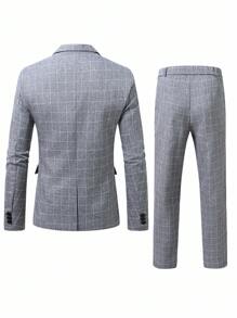 Calvornis 男士灰色格子 V 领休闲西装套装，春夏男士格子灰色西装外套和裤子两件套，商务正装风格，老款 - 灰色 - 查看 2