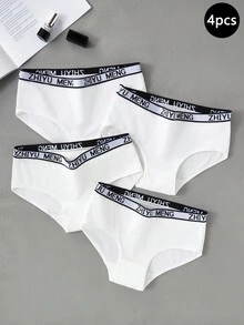 4pcs/Set Girls' Letter Waistband Splicing Sports Style Panties - White - View 1