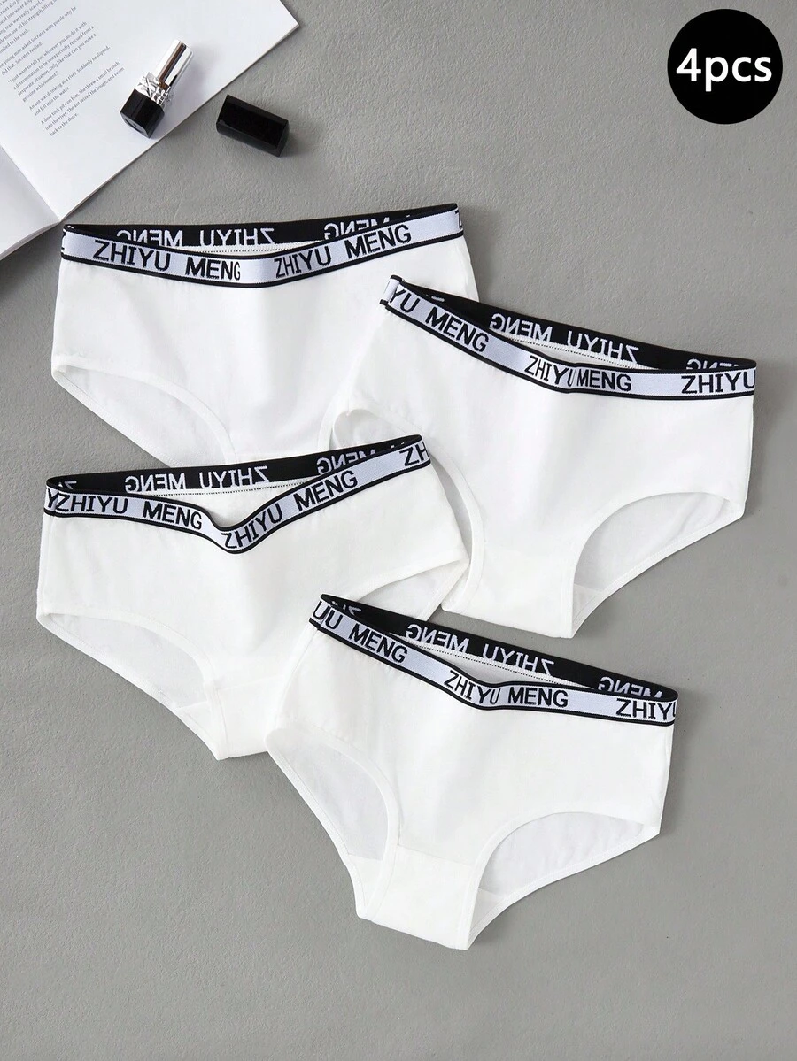 4pcs/Set Girls' Letter Waistband Splicing Sports Style Panties - White - View 1