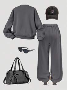 SHEIN Girlism 青少年女孩休闲心形印花针织纯色宽松落肩长袖运动衫和阔腿运动裤套装 - 灰色 - 查看 2