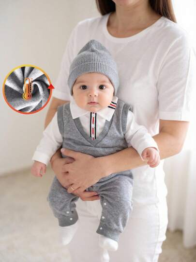 SHEIN 男婴趣味条纹恐龙刺绣长袖抓绒连体衣，半开领，绅士西部风格，适合居家穿着。男婴连体衣，男婴秋季服装。