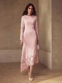 MOTF PREMIUM CONTRAST LACE ASYMMETRICAL HEM DRESS - Pink - View 6