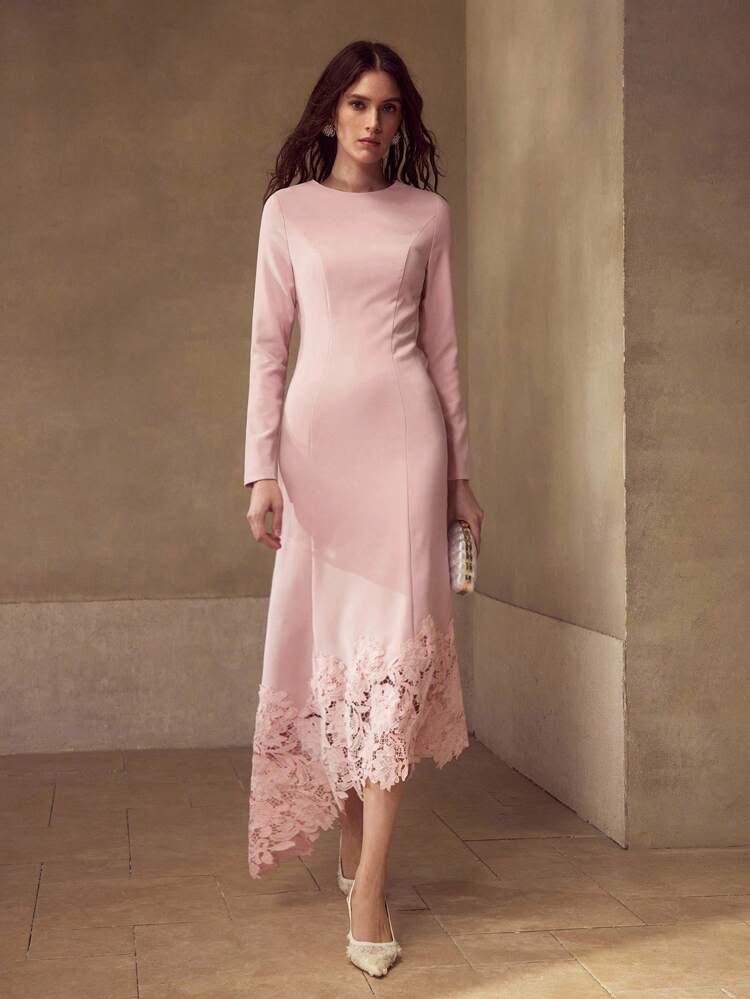CONTRAST LACE ASYMMETRICAL HEM DRESS