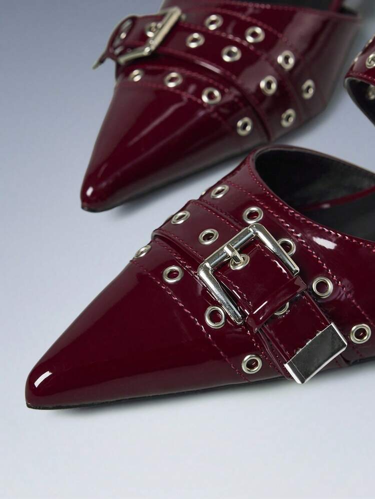 CUCCOO GRLICON ワイン色のポインテッドトゥ キトゥンヒール ミュールシューズ、通勤、ハロウィン、クリスマスパーティー、音楽フェスティバル、秋に最適なファッショナブルなデザイン