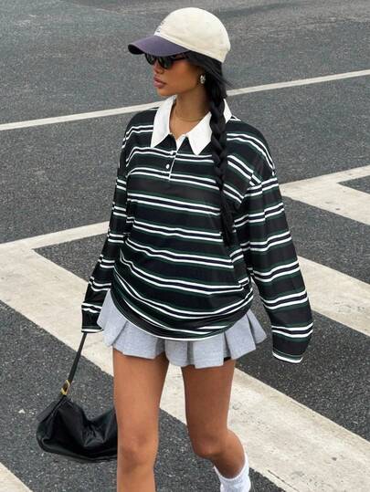 Muchica Sudadera casual con cremallera media y cuello a rayas para mujer de talla grande