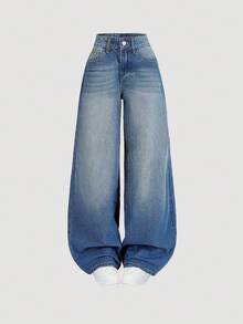 SHEIN MOD 女式前扣口袋休闲宽松蓝色牛仔裤