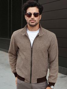 Manfinity CasualCool Áo khoác kẻ caro kéo khóa cổ điển thường ngày dành cho nam, mùa thu - Cà phê nâu - Xem 6