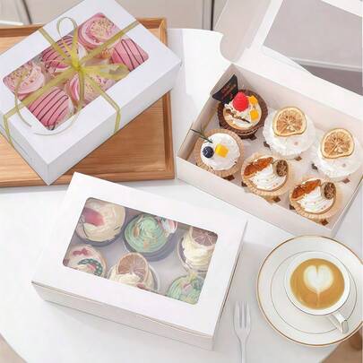 SHEIN 5pcs/12PCS 12 Count Cupcake Boxes With Transparent Window - Disposable Pastry Holder For Cookies, Snacks, And Desserts - Perfect For Daily Home Baking And Parties School Supplies Food Bag Food Box Suitable For Candy Chocolate Cookies Etc.