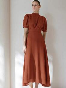 Aveloria Modichic 优雅女士雪纺连衣裙，褶皱胸部设计，公主袖，收腰喇叭裙，简约百搭，通勤适用，及膝长度 - 鏽棕色 - 查看 5