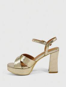 CUCCOO SZL 女士银色圆头粗跟中跟优雅休闲简约舒适一脚蹬高跟鞋，适合工作、通勤、正式场合、派对、婚礼 - 金色 - 查看 5