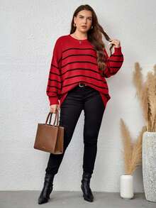 EURMUSE Plus Size Plus Size Loose Fit Colorblock Striped Pullover Sweater - Red - View 3