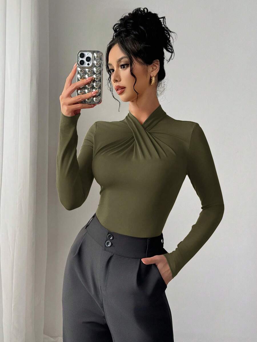 Firerie Bộ đồ liền thân cổ bèo nhún màu đỏ thanh lịch, hiện đại và gợi cảm, đa năng cho mặc thường ngày, ở nhà và giao lưu, mùa thu/đông - xanh quân đội - Xem 1