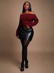 Radiana Plus Size Women's Sexy Elegant Off-Shoulder Long Sleeve Sweater, Suitable For Sexy Office Siren Coquettish, Prom, Ball, Valentine's Day, Cruise Attire, Commuting, Business - Brown - View 6