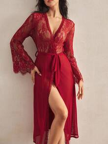Charlaine 法式蕾丝网眼斜裁女士睡袍 - 紅色 - 查看 1