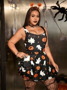 SHEIN EZwear 大码方领无袖荷叶边连体裤，万圣节 - 彩色 - 查看 6