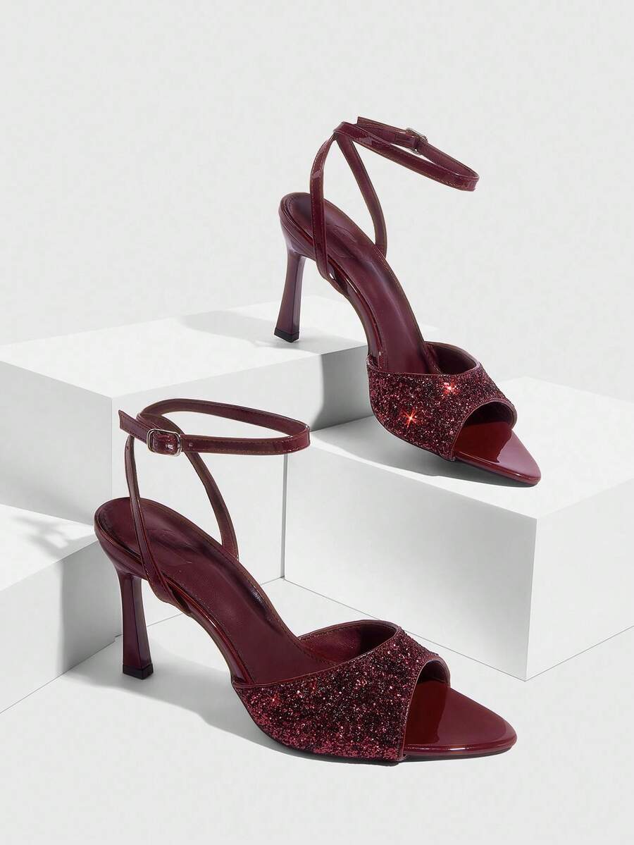 CUCCOO SZL Giày cao gót đính sequin thời trang và thanh lịch dành cho nữ - Màu Đỏ Sâu - Xem 1